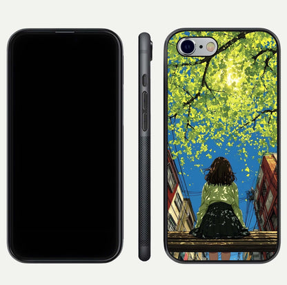 Golden Leaves Glow Glass Case for iPhone 16 Pro front and back view layout highlighting glowing tones and curved edges