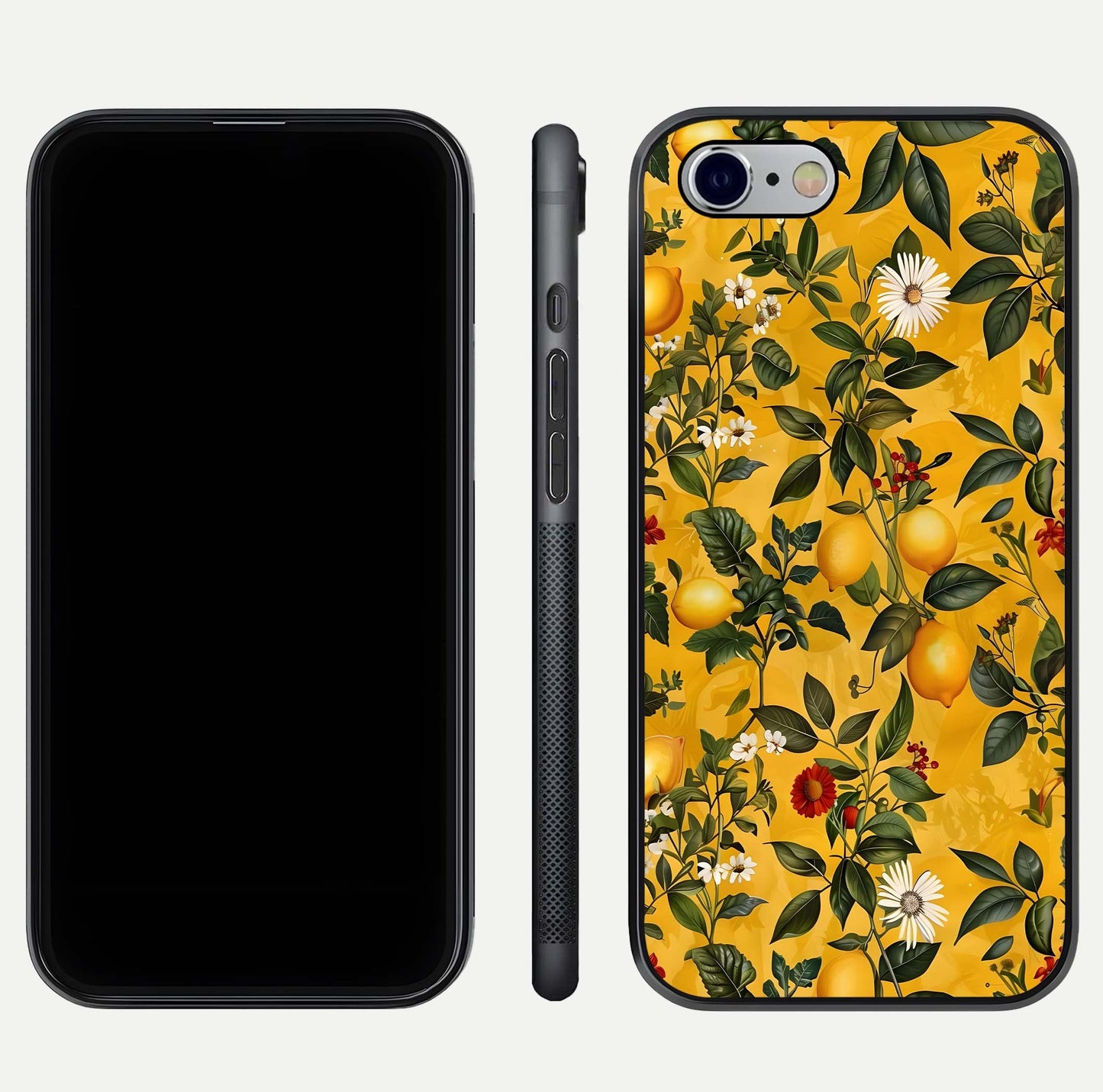 Golden Lemon Field Glass Case for iPhone 16 Pro front and back view layout highlighting fruity tones and curved glass edges