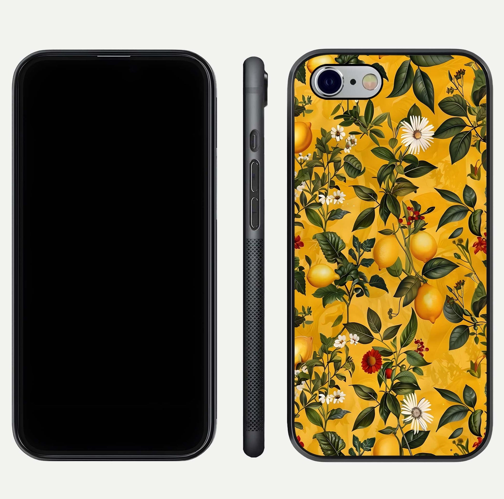 Golden Lemon Field Glass Case for iPhone 16 Pro front and back view layout highlighting fruity tones and curved glass edges