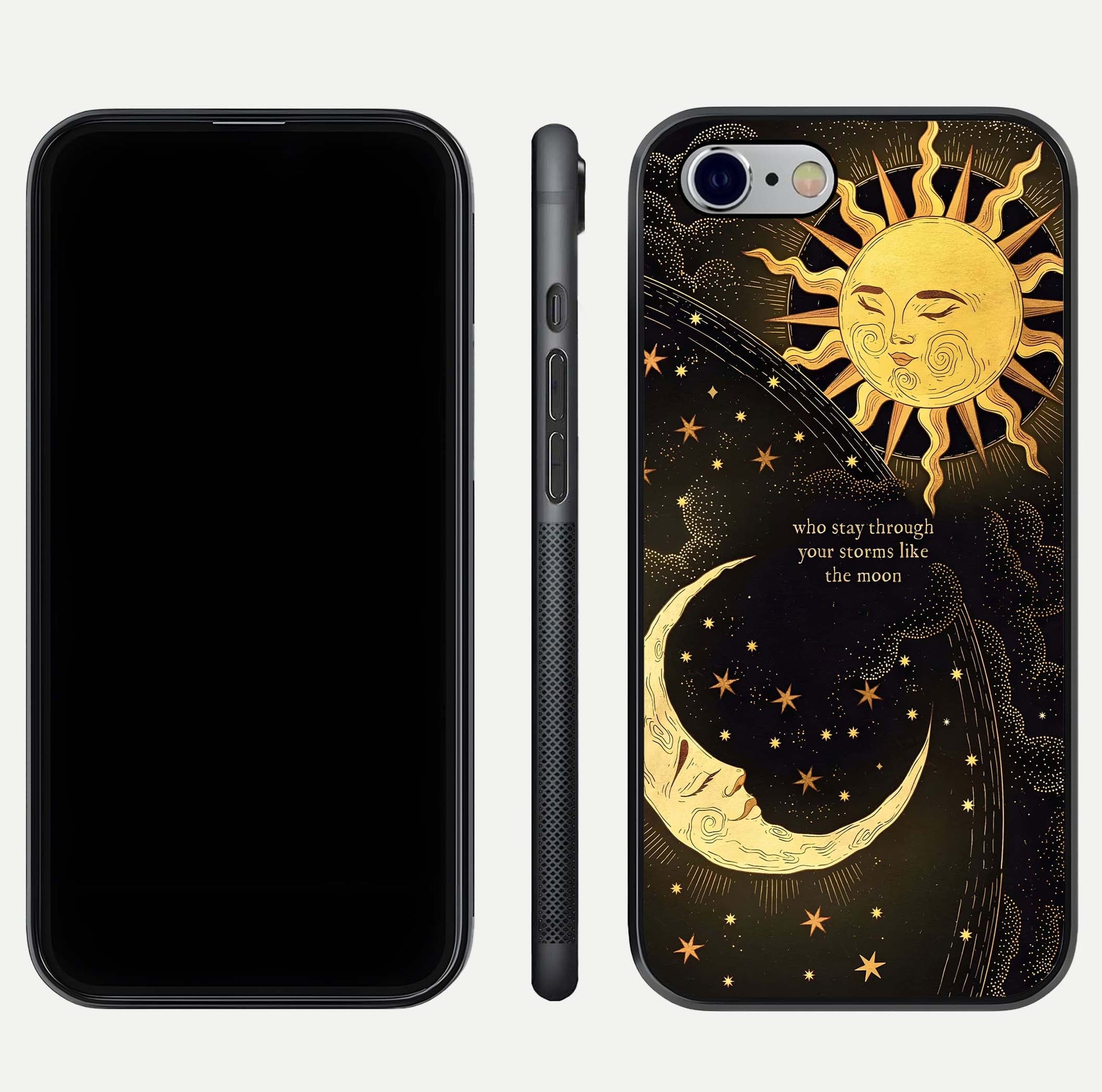 Golden Lunar Love Glass Case for iPhone 16 Pro front and back view layout highlighting celestial tones and curved edges