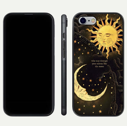 Golden Lunar Love Glass Case for iPhone 16 Pro front and back view layout highlighting celestial tones and curved edges