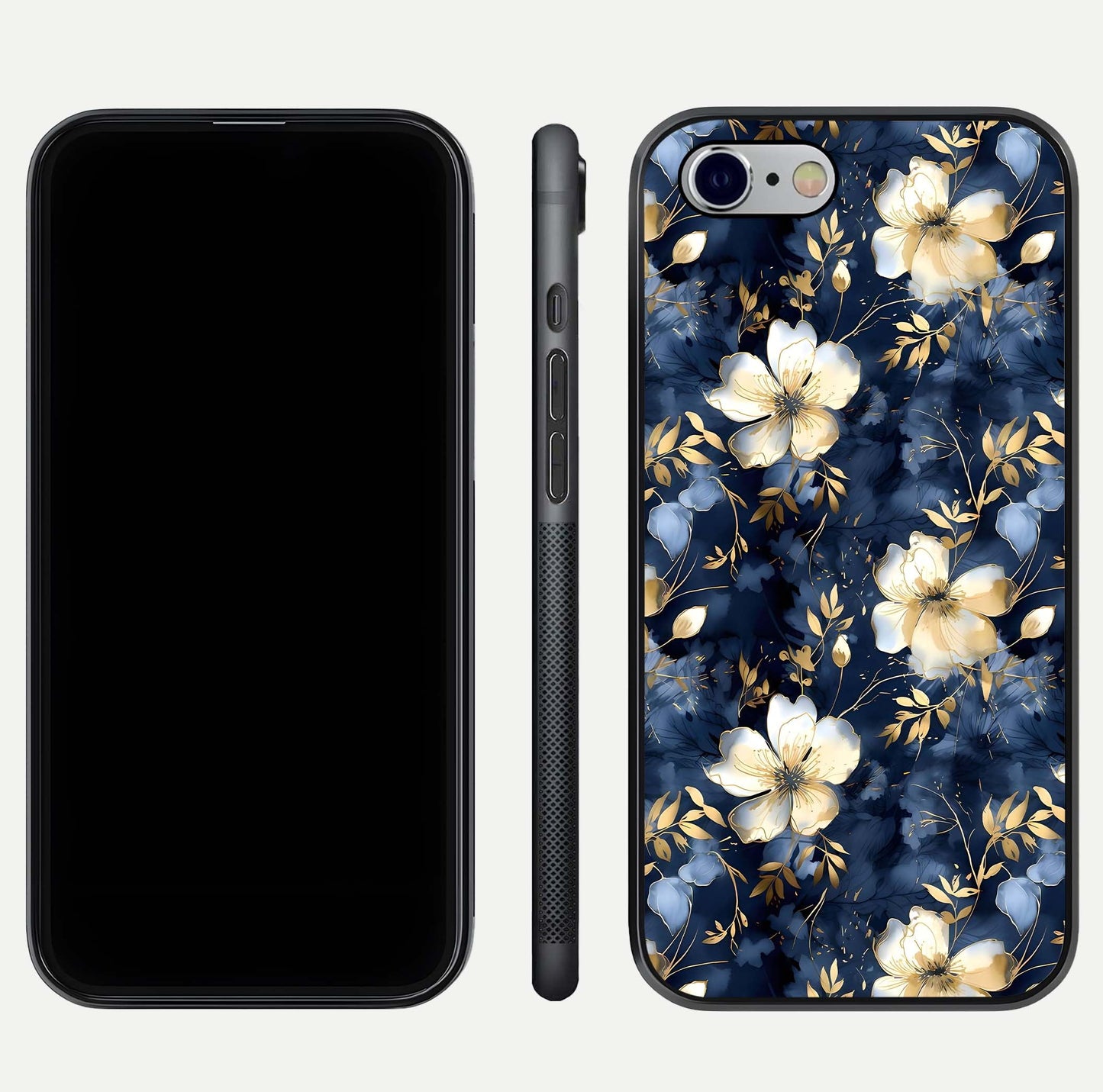 Golden Midnight Bloom Glass Case for iPhone 16 Pro front and back view layout highlighting dark-gold tones and smooth curves