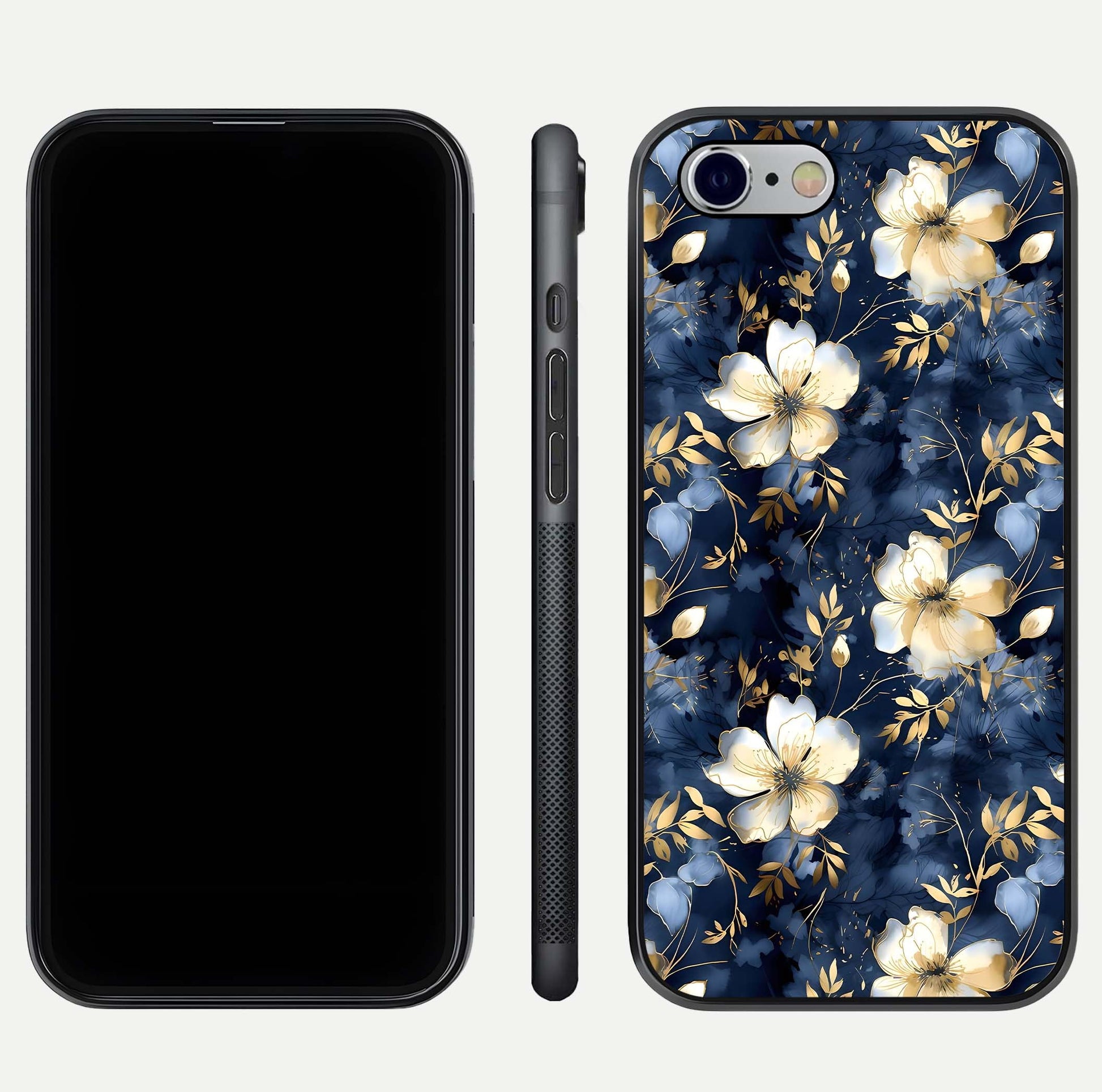 Golden Midnight Bloom Glass Case for iPhone 16 Pro front and back view layout highlighting dark-gold tones and smooth curves