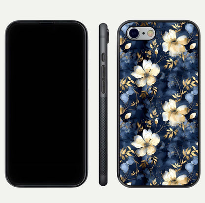 Golden Midnight Bloom Glass Case for iPhone 16 Pro front and back view layout highlighting dark-gold tones and smooth curves