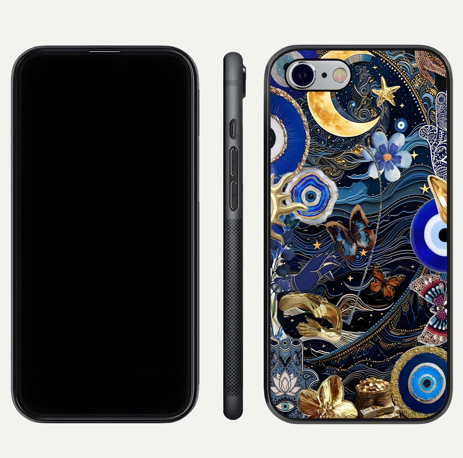 Golden Moon Magic Glass Case for iPhone 16 Pro front and back view layout highlighting celestial tones and curved glass