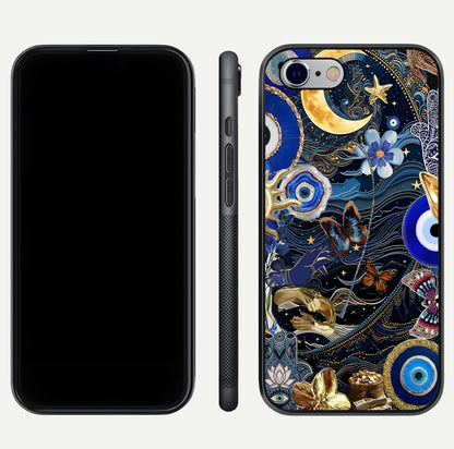 Golden Moon Magic Glass Case for iPhone 16 Pro front and back view layout highlighting celestial tones and curved glass