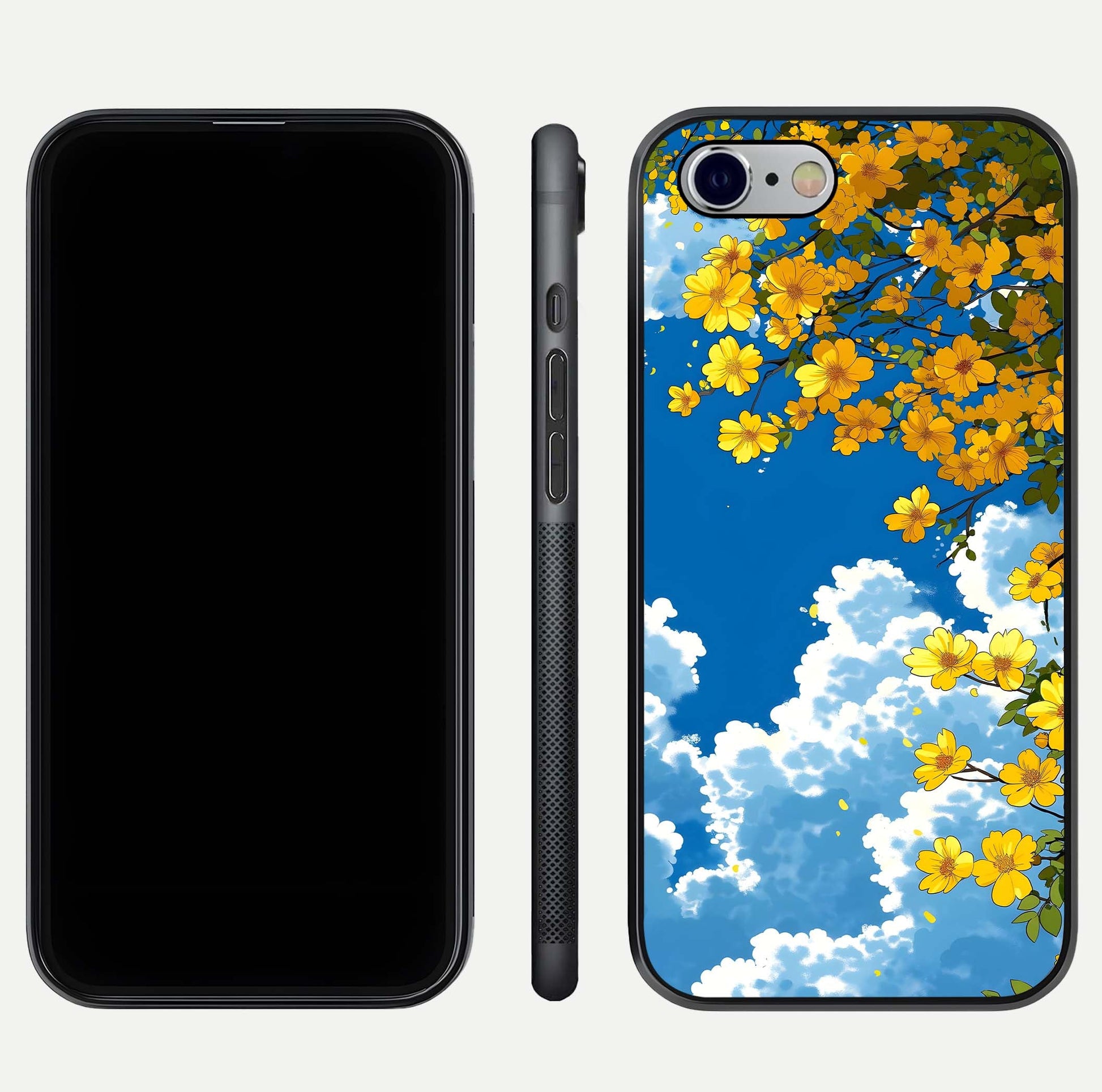 Golden Petal Sky Glass Case for iPhone 16 Pro front and back view layout highlighting floral pattern and curved glass edges
