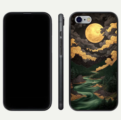 Golden River Moon Glass Case for iPhone 16 Pro front and back view layout displaying celestial glow and smooth curves
