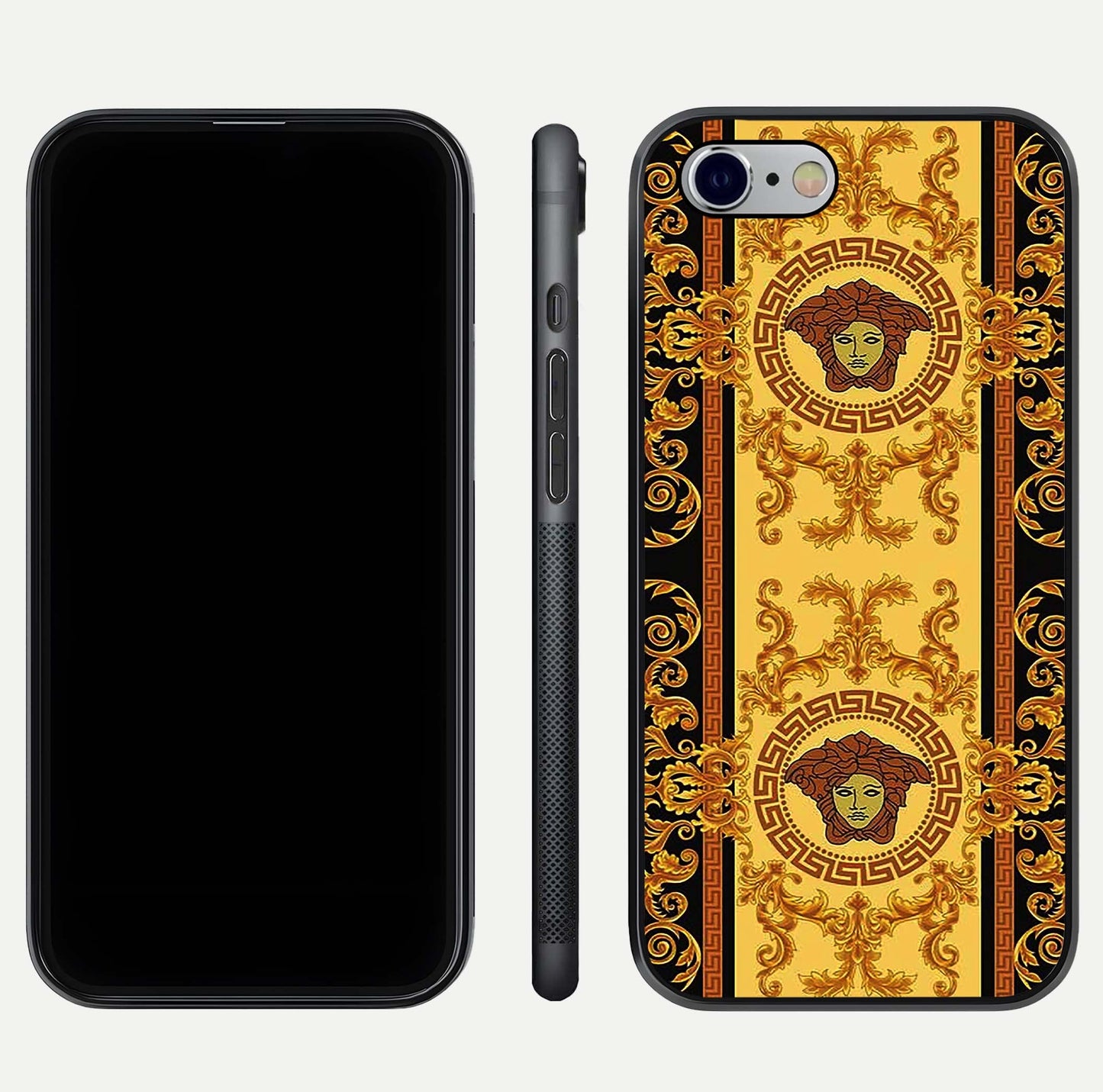 Golden Royal Heritage Glass Case for iPhone 16 Pro front and back view layout displaying ornate gold texture and curved edges