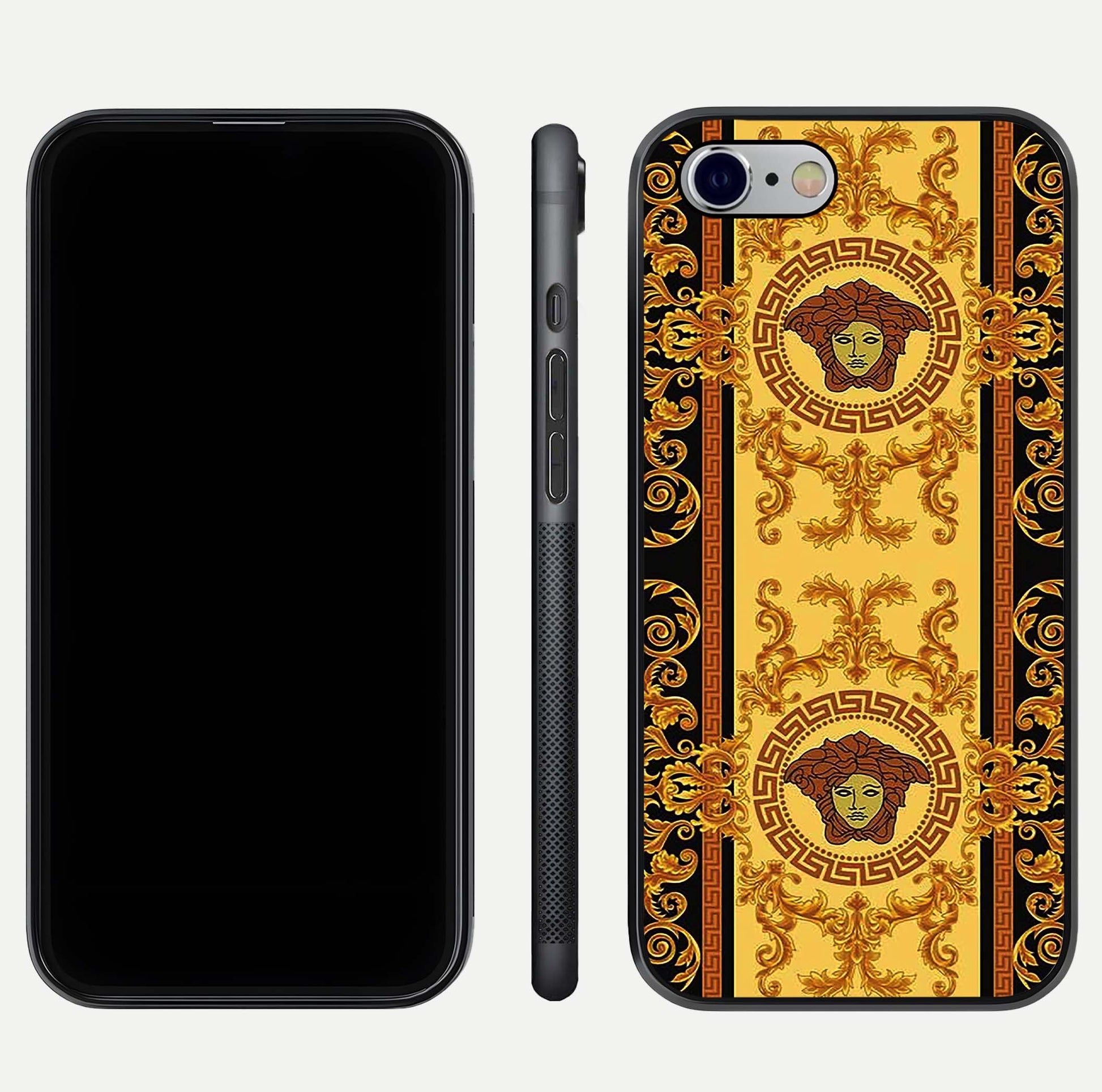 Golden Royal Heritage Glass Case for iPhone 16 Pro front and back view layout displaying ornate gold texture and curved edges
