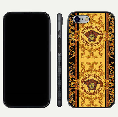 Golden Royal Heritage Glass Case for iPhone 16 Pro front and back view layout displaying ornate gold texture and curved edges