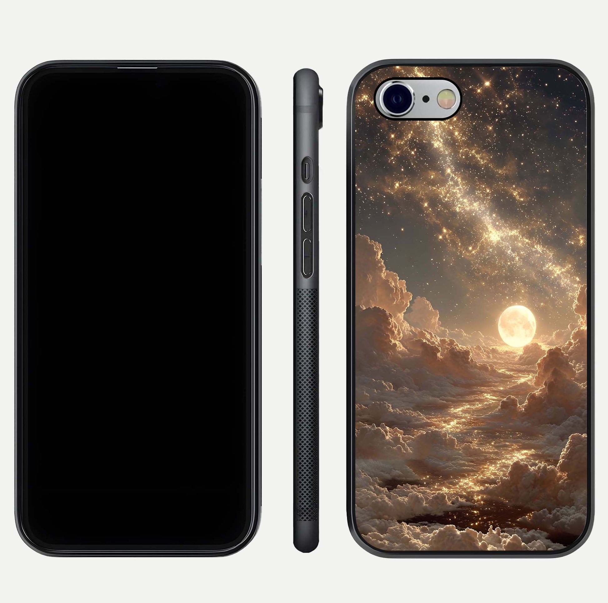 Golden Sky Dream Glass Case for iPhone 16 Pro front and back view layout highlighting celestial gold hues and curved glass