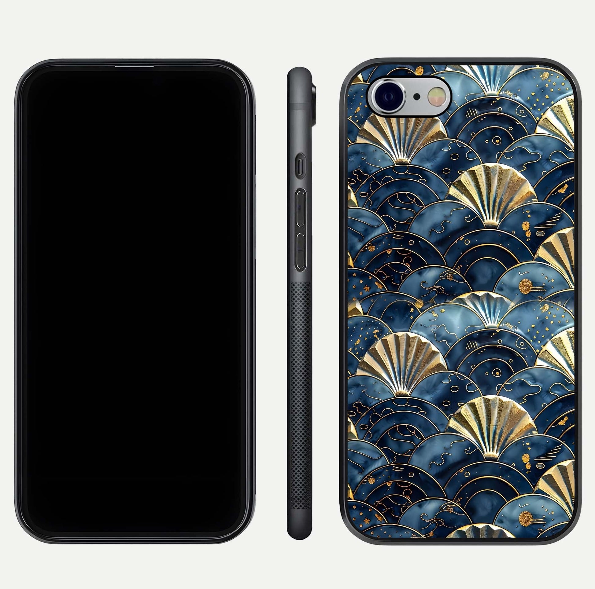 Golden Wave Luxe Glass Case for iPhone 16 Pro front and back view layout highlighting fluid gold design and curved glass