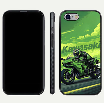 Green Kawasaki Glass Case for iPhone 16 Pro front and back view layout highlighting vivid green tones and curved glass edges