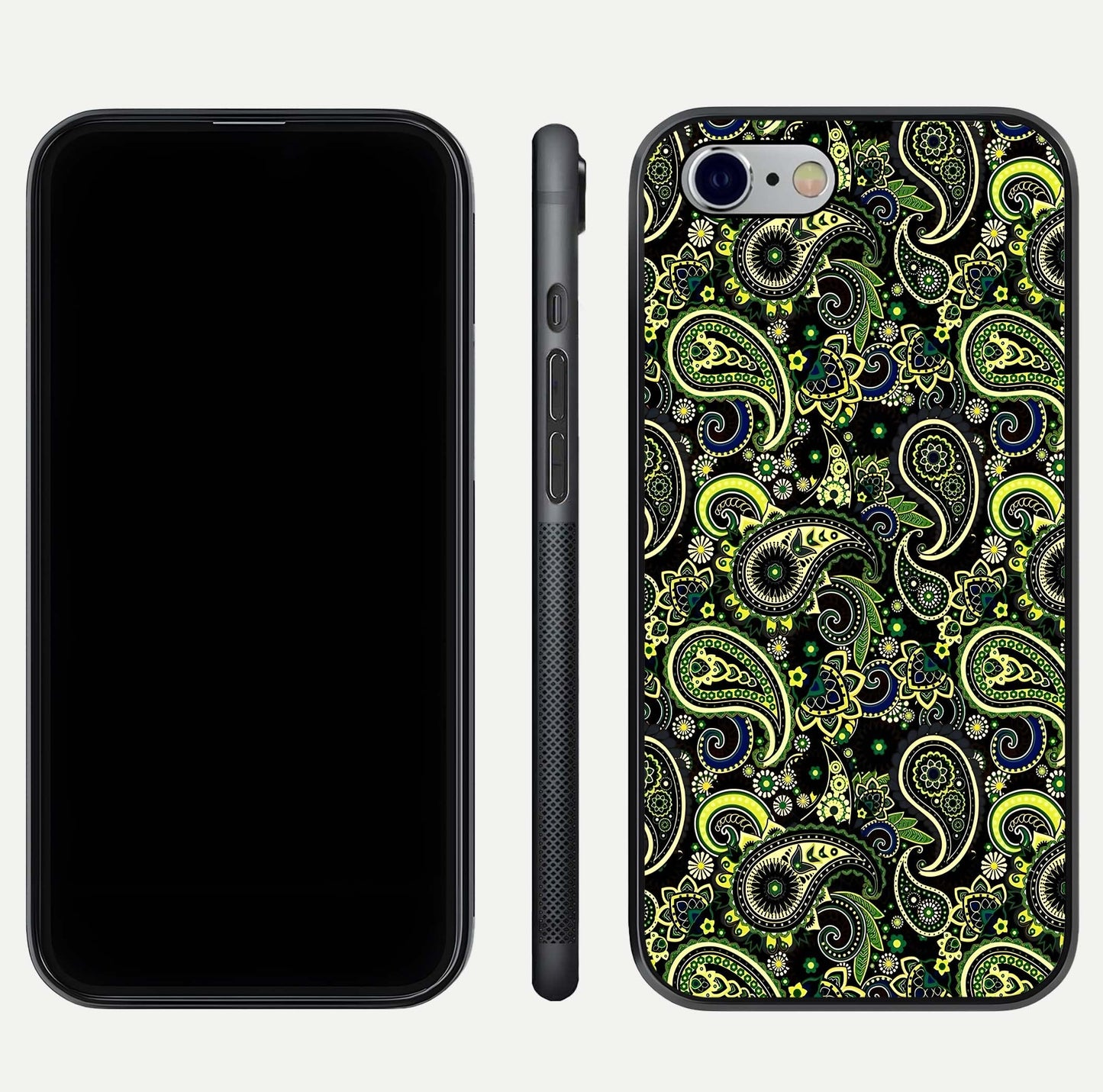 Green Mandala Pattern Glass Case for iPhone 16 Pro front and back view layout highlighting geometric art and curved glass