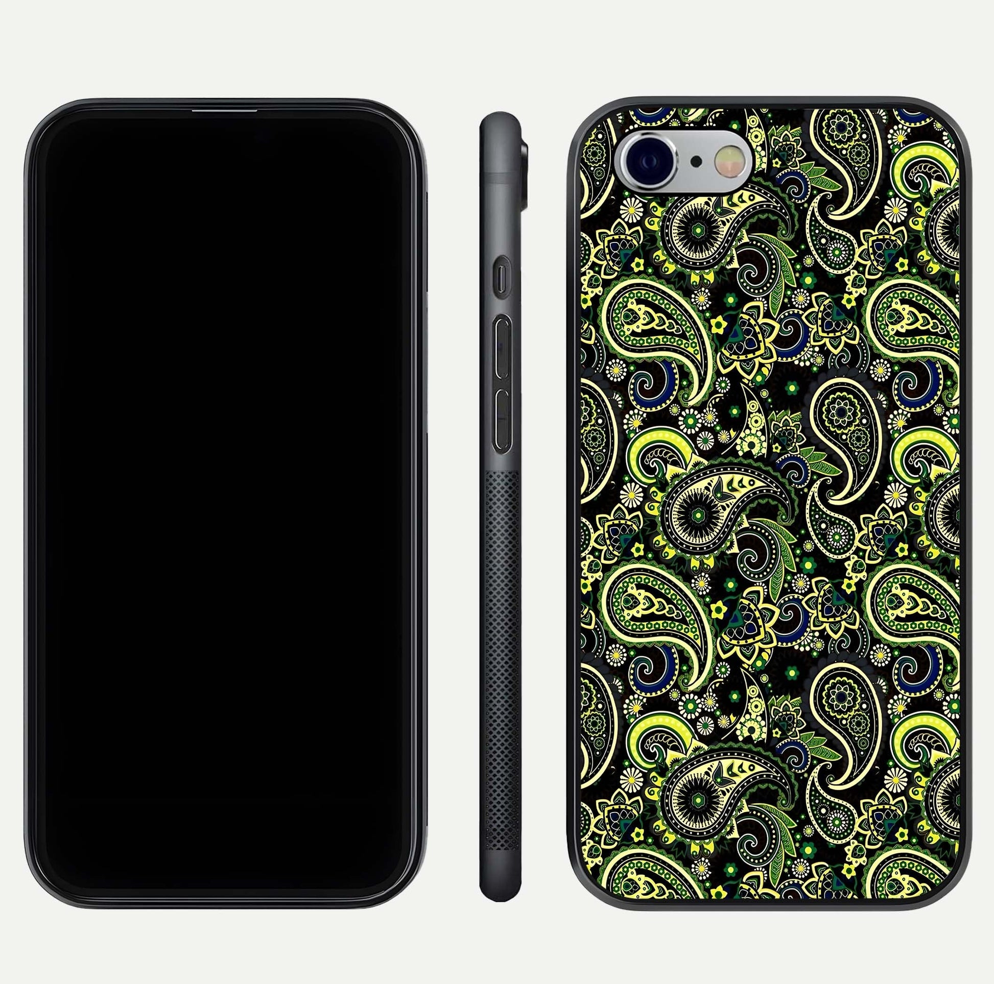 Green Mandala Pattern Glass Case for iPhone 16 Pro front and back view layout highlighting geometric art and curved glass