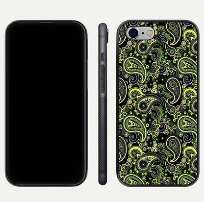 Green Mandala Pattern Glass Case for iPhone 16 Pro front and back view layout highlighting geometric art and curved glass