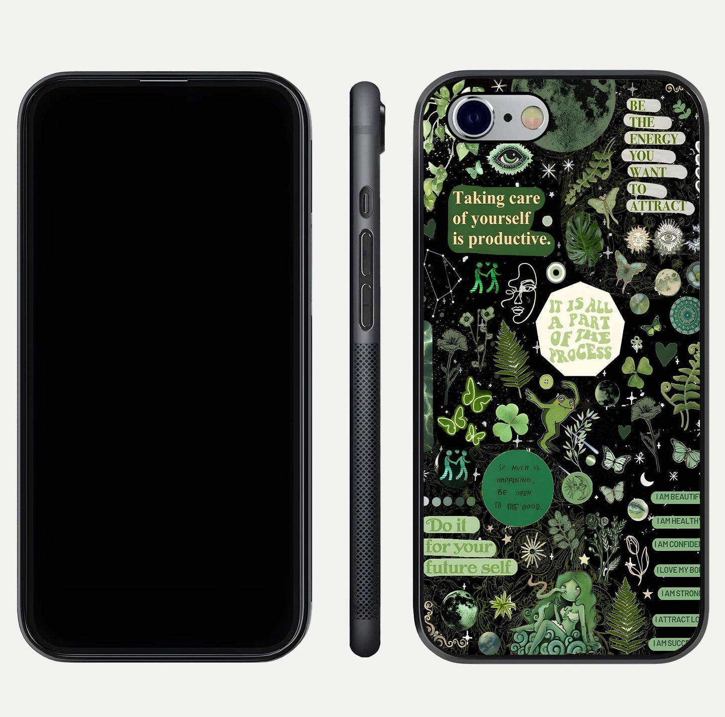 Green Moon Energy Glass Case for iPhone 16 Pro front and back view layout highlighting cosmic tones and smooth edges