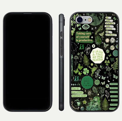 Green Moon Energy Glass Case for iPhone 16 Pro front and back view layout highlighting cosmic tones and smooth edges