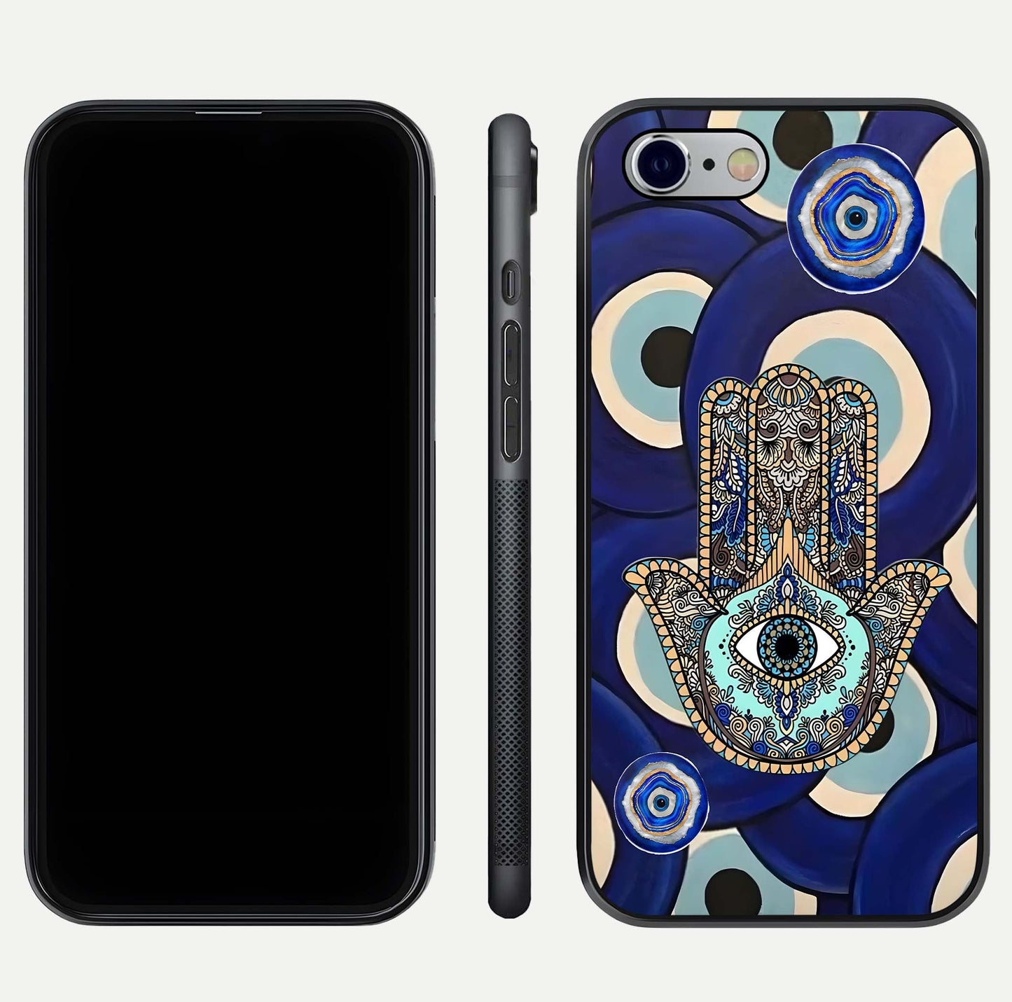 Hamsa Divine Guard Glass Case for iPhone 16 Pro front and back view layout highlighting spiritual artwork and smooth edges