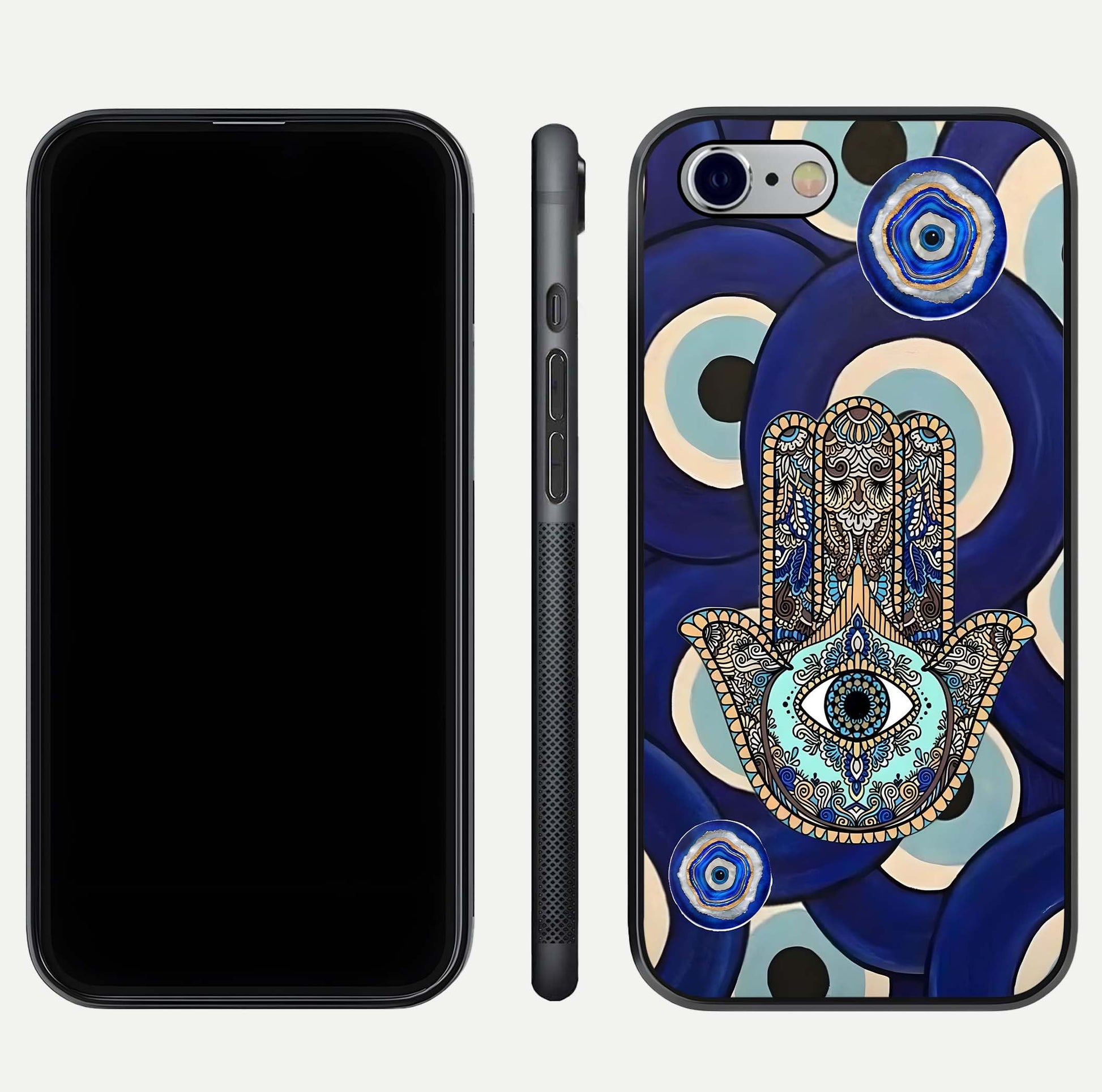 Hamsa Divine Guard Glass Case for iPhone 16 Pro front and back view layout highlighting spiritual artwork and smooth edges