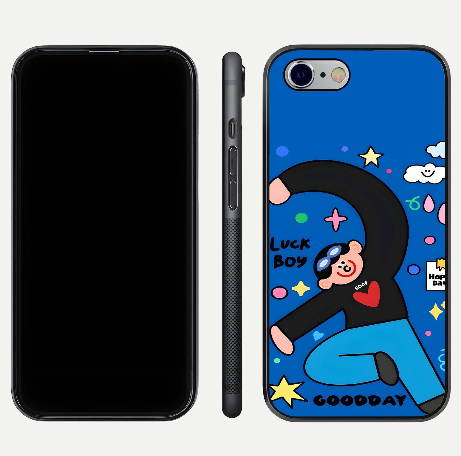 Happy Luck Vibe Glass Case for iPhone 16 Pro front and back view layout highlighting positive motif and curved edges
