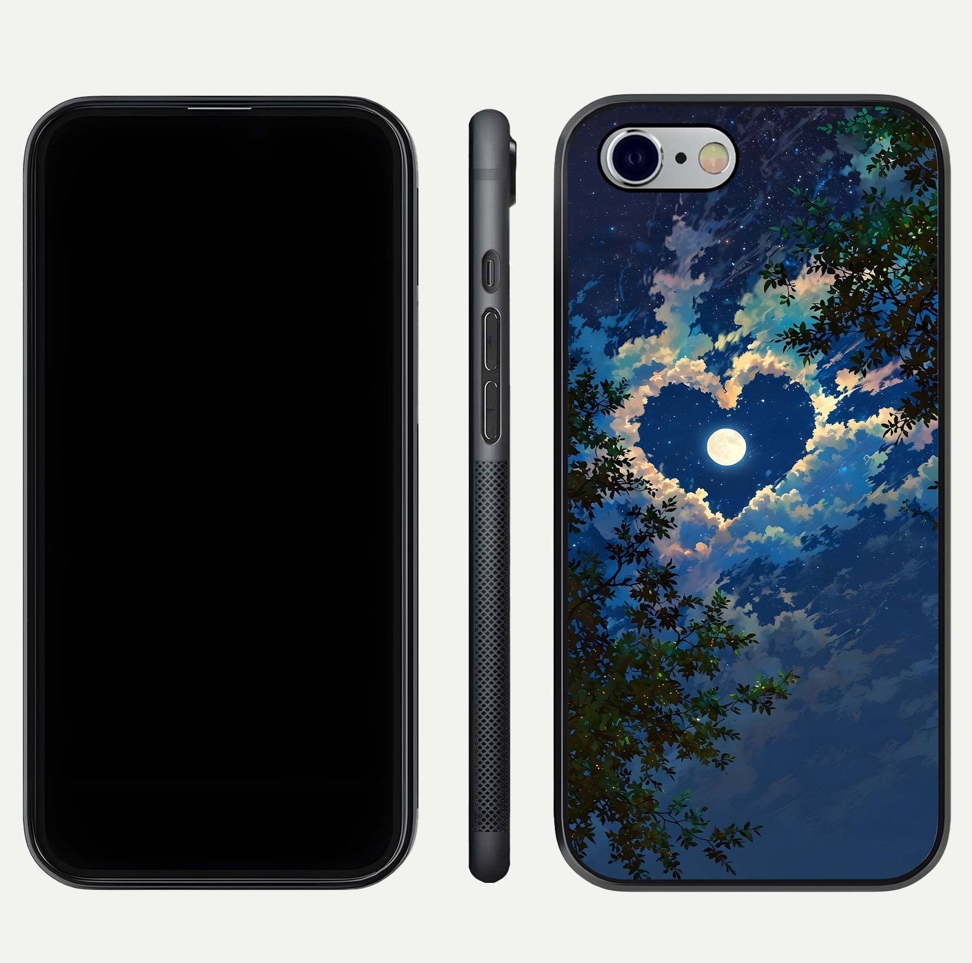 Heart with Moon Sky Glass Case for iPhone 16 Pro front and back view layout displaying celestial tones and curved glass