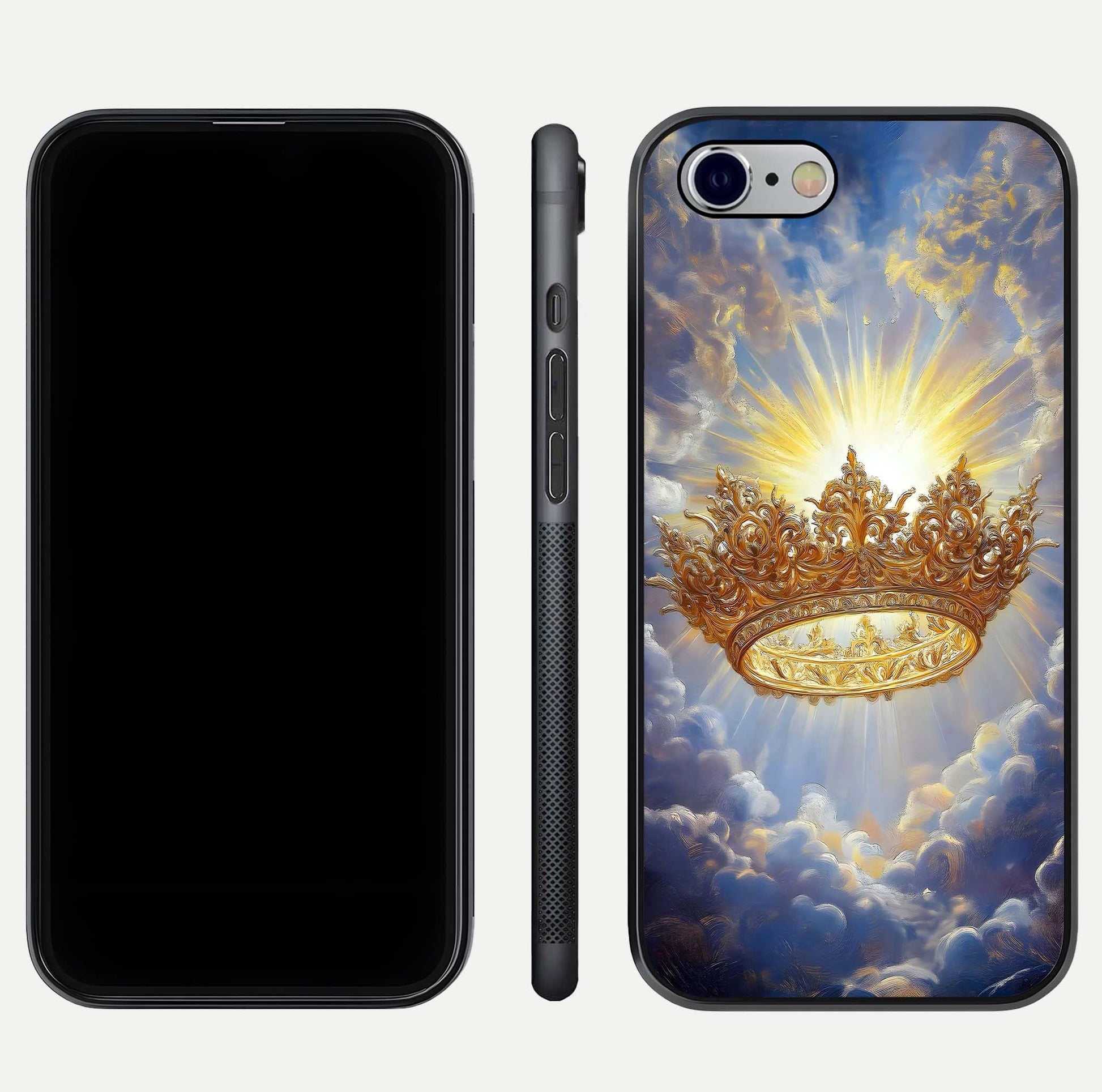 Heavenly Crown Light Glass Case for iPhone 16 Pro front and back view layout highlighting golden aura tones and curved glass edges