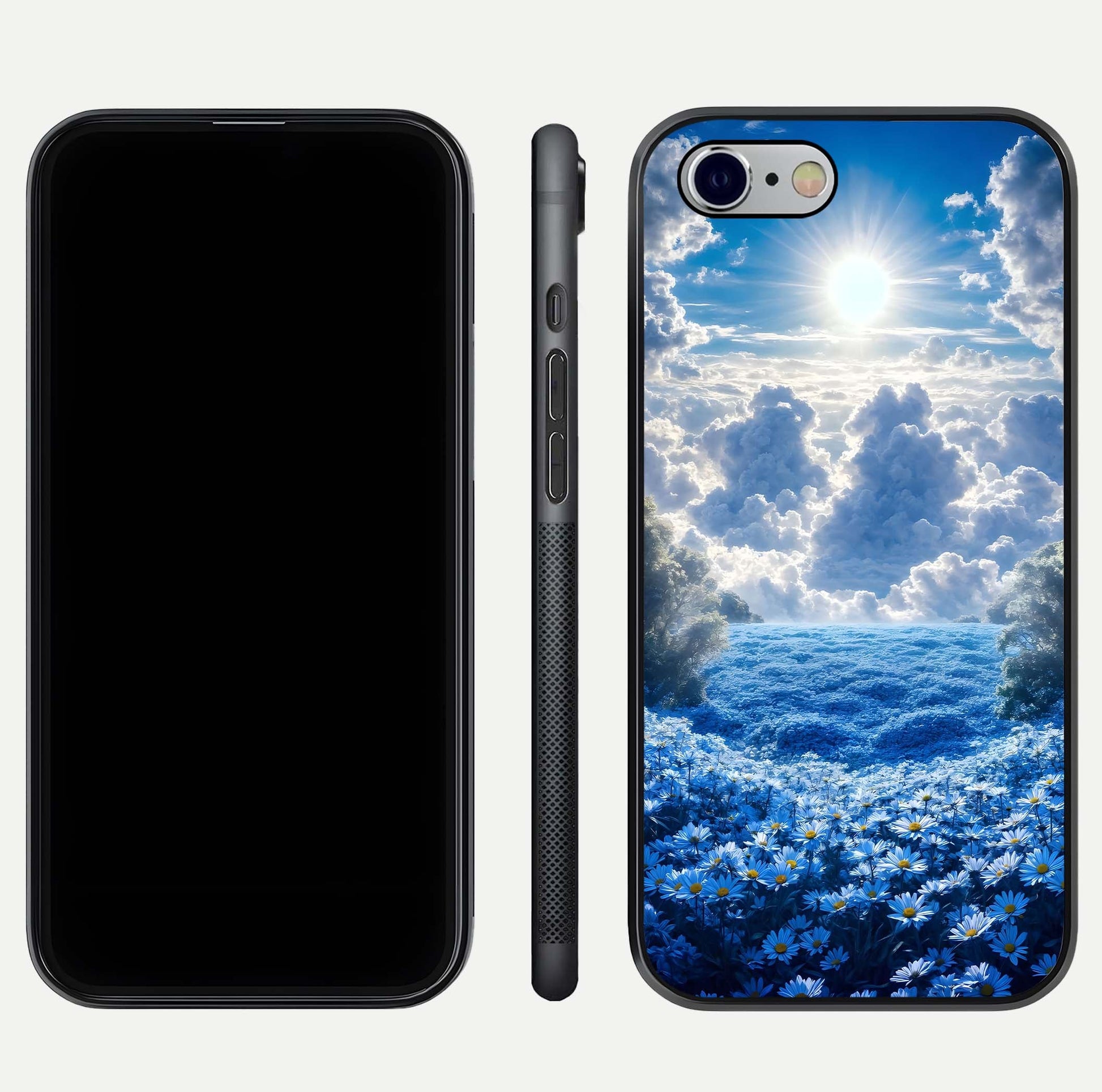 Heavenly Daisy Horizon Glass Case for iPhone 16 Pro front and back view layout highlighting floral field tones and curved edges