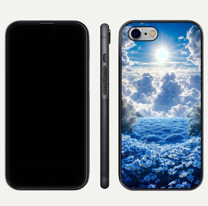 Heavenly Daisy Horizon Glass Case for iPhone 16 Pro front and back view layout highlighting floral field tones and curved edges