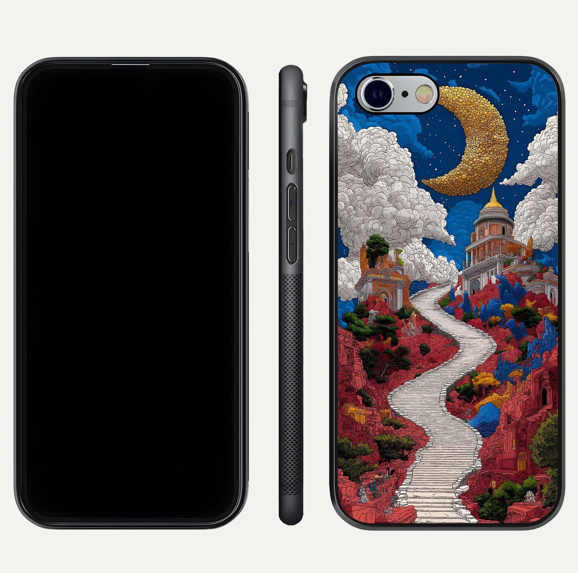 Heavenly Moon Path Glass Case for iPhone 16 Pro front and back view layout displaying night sky tones and curved glass edges