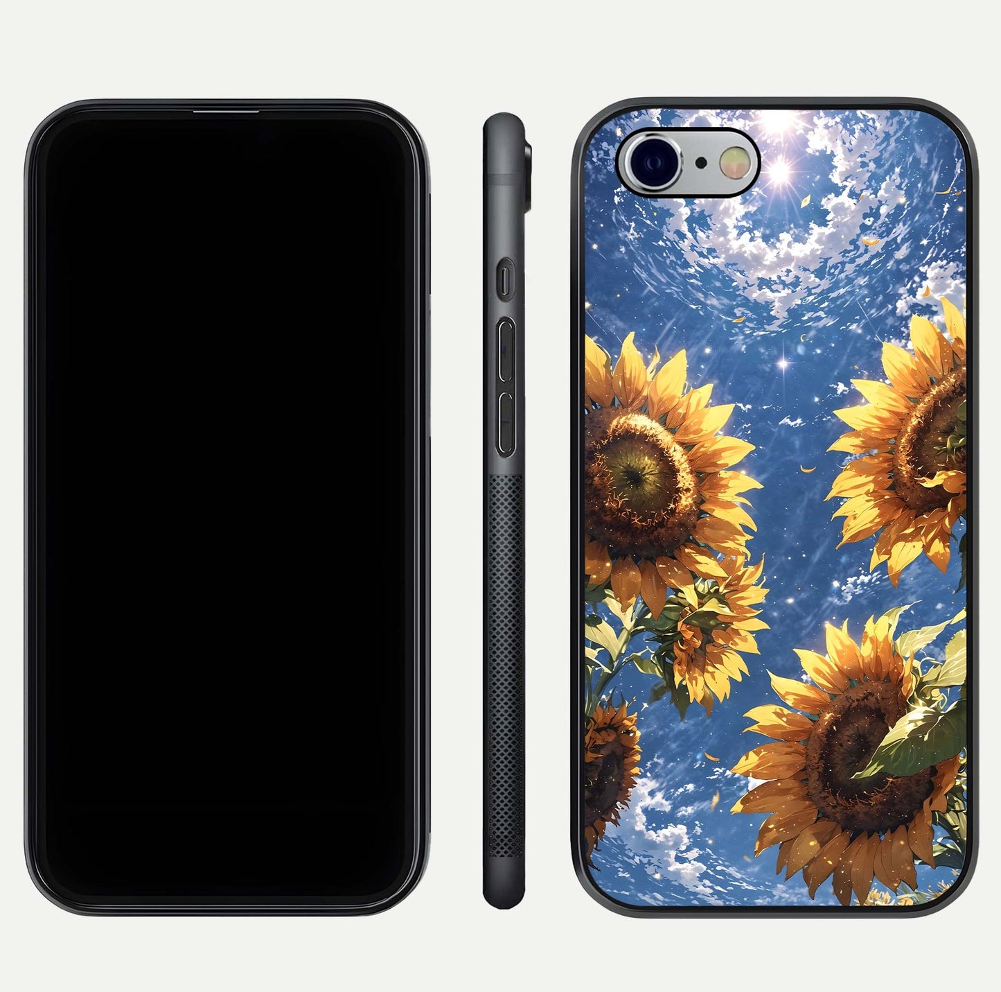 Heavenly Sunflower Rise Glass Case for iPhone 16 Pro front and back view layout highlighting golden floral tones and curved edges