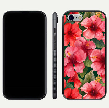 Hibiscus Pattern Glass Case for iPhone 16 Pro front and back view layout highlighting tropical design and curved glass edges