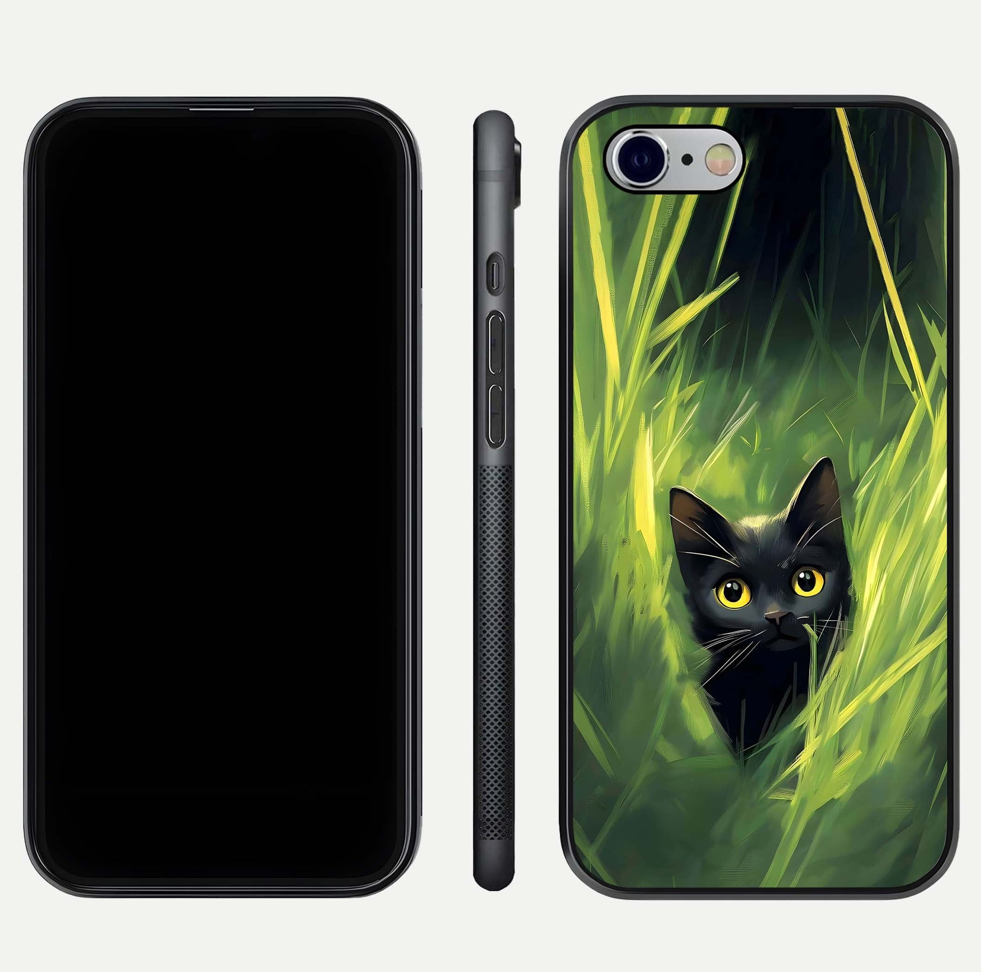 Hidden Cat Whisper Glass Case for iPhone 16 Pro front and back view layout highlighting minimalist art and curved edges