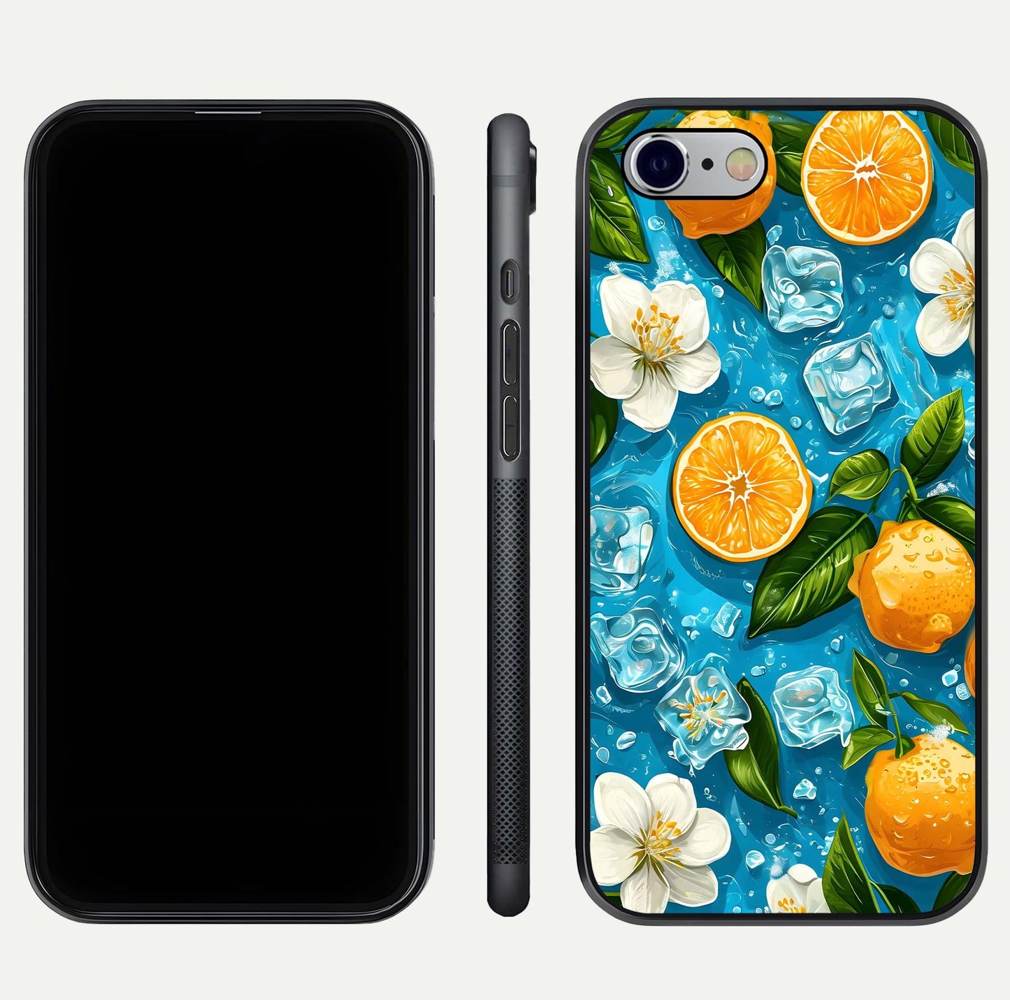 Ice Cube With Orange Glass Case for iPhone 16 Pro front and back view layout highlighting fresh orange tones and curved edges