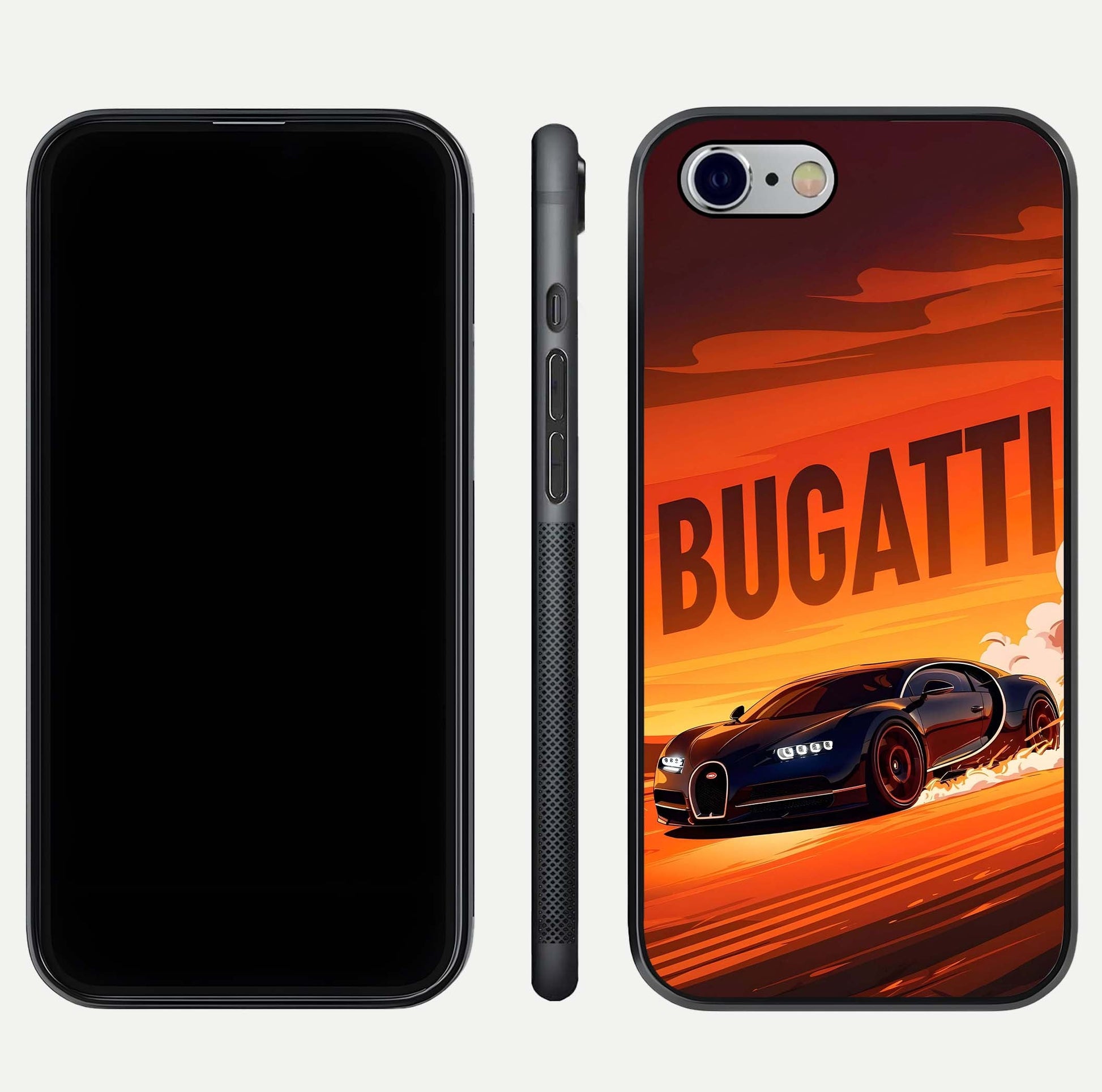 Inferno Bugatti Storm Glass Case for iPhone 16 Pro front and back view layout highlighting car silhouette and curved glass edge