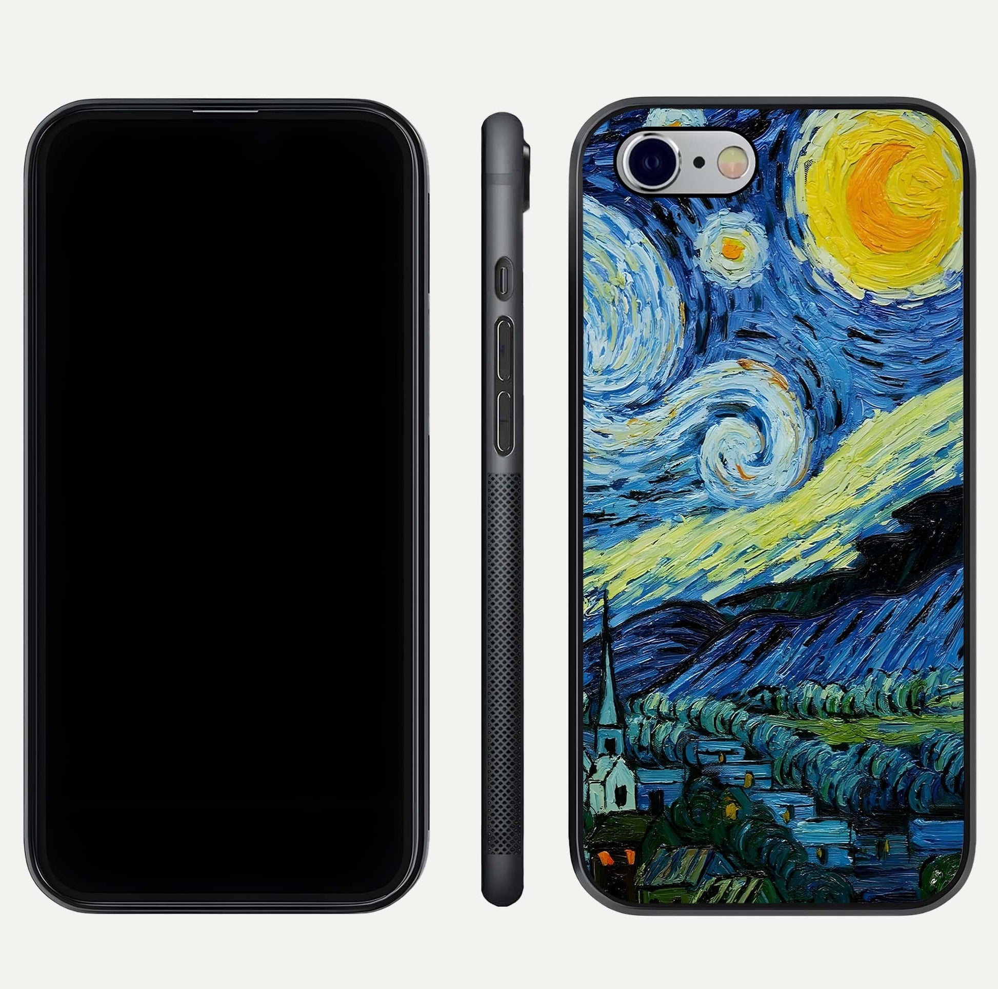 Inspired Van Gogh Art Glass Case for iPhone 16 Pro front and back view layout displaying vivid color tones and curved glass edges