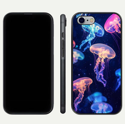Jellyfish Pattern Glass Case for iPhone 16 Pro front and back view layout highlighting aquatic tones and curved edges