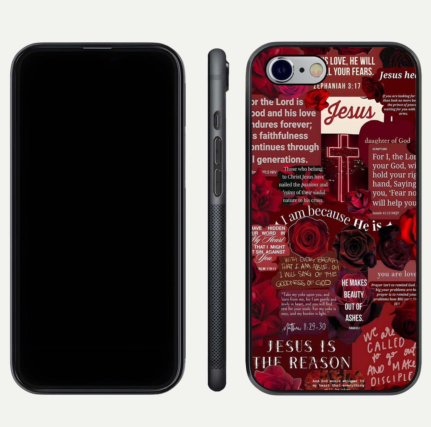 Jesus Love Heals Glass Case for iPhone 16 Pro front and back view layout with elegant typography and smooth edges