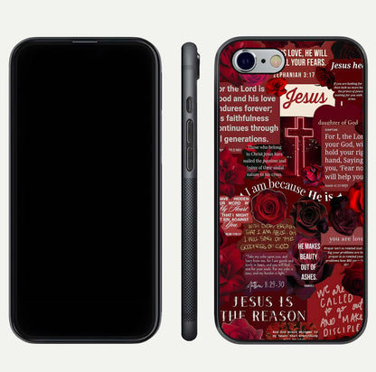 Jesus Love Heals Glass Case for iPhone 16 Pro front and back view layout with elegant typography and smooth edges