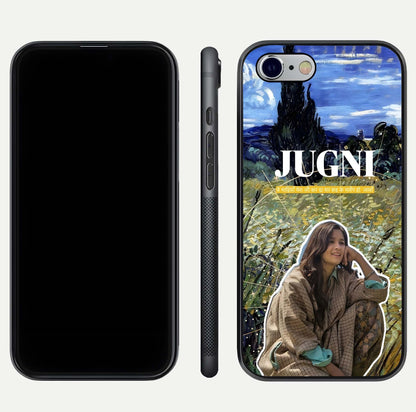 Jugni Soul Vibes Glass Case for iPhone 16 Pro front and back view layout highlighting desi art and curved glass edges