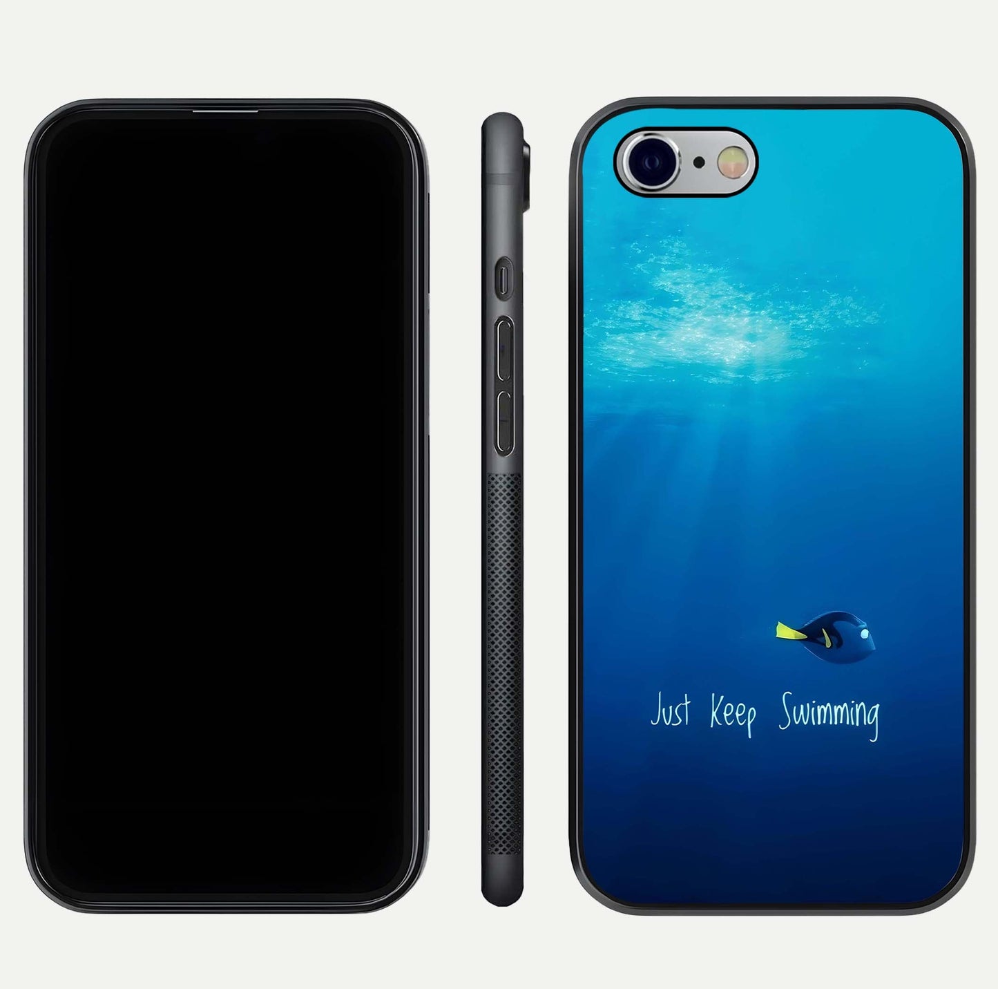 Just Keep Swimming Glass Case for iPhone 16 Pro front and back view layout with smooth glass edges and HD text clarity