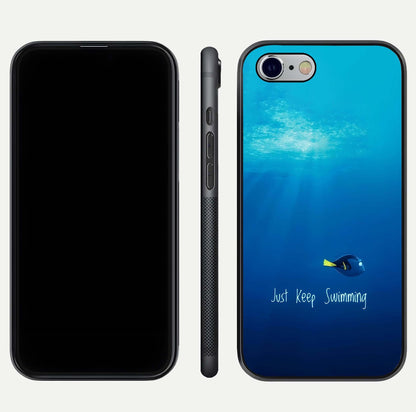 Just Keep Swimming Glass Case for iPhone 16 Pro front and back view layout with smooth glass edges and HD text clarity