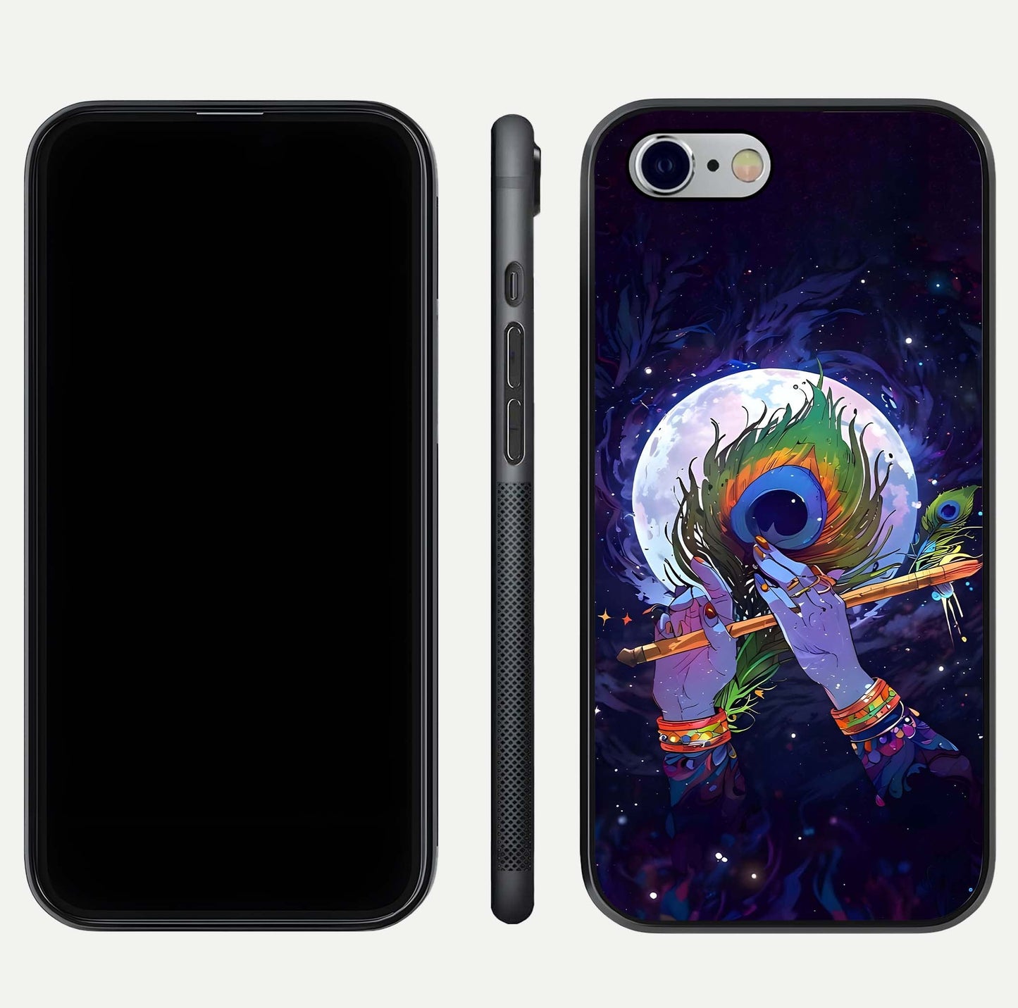 Krishna Hands Art Glass Case for iPhone 16 Pro front and back view layout displaying soft edges and spiritual tones