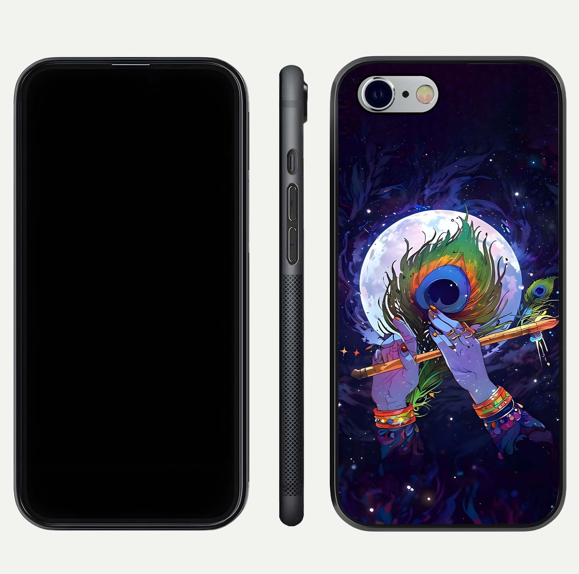 Krishna Hands Art Glass Case for iPhone 16 Pro front and back view layout displaying soft edges and spiritual tones