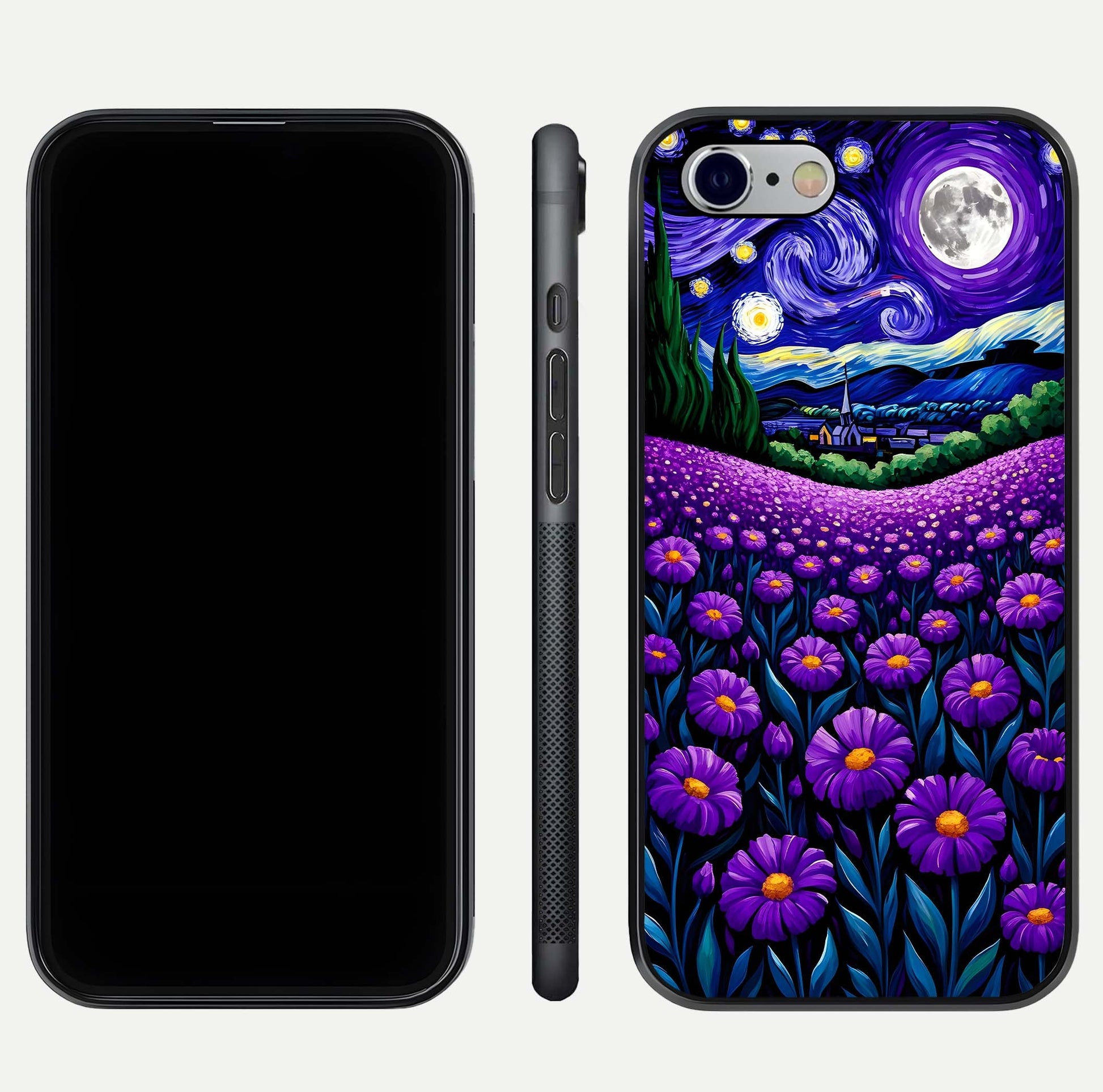 Lavender Moon Field Glass Case for iPhone 16 Pro front and back view layout with soft gradient and curved edges