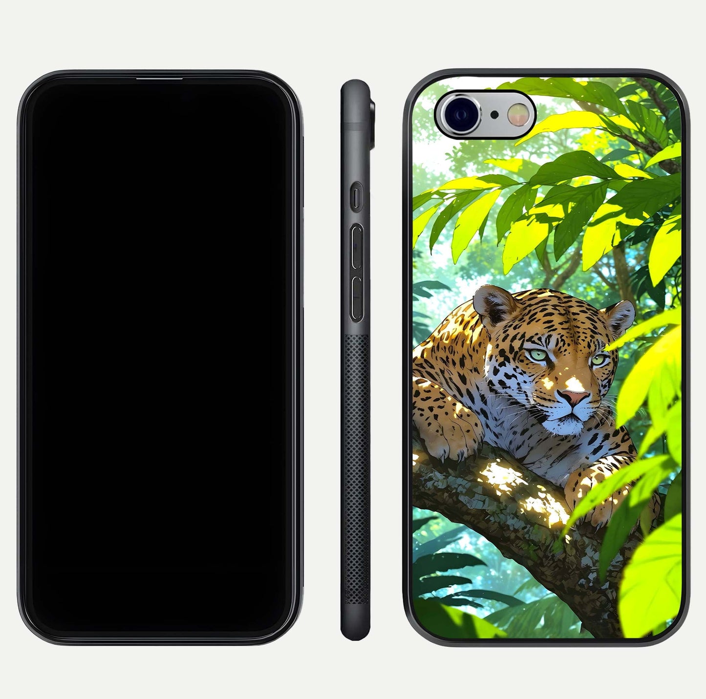 Leopard in Jungle Glass Case for iPhone 16 Pro front & back layout with premium edge detailing and vivid jungle art