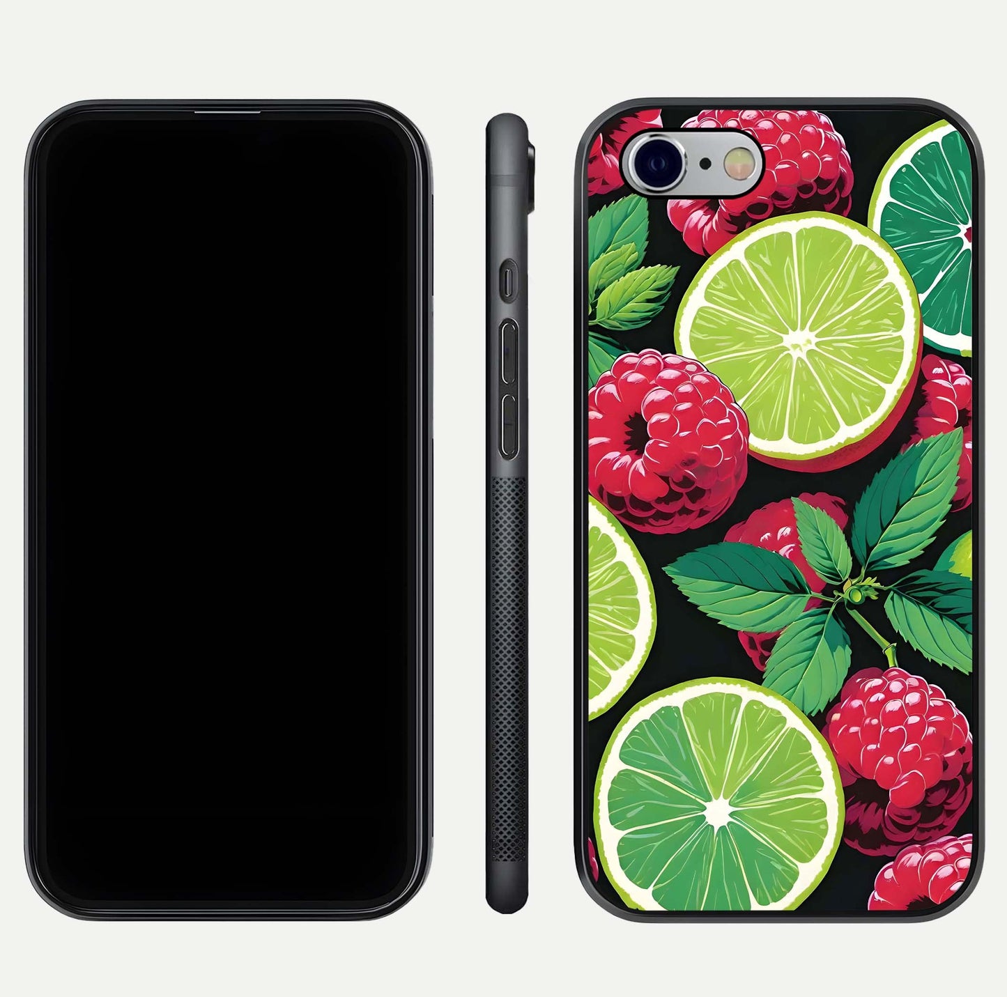 Lime and Raspberry Pattern Glass Case for iPhone 16 Pro front & back layout highlighting fresh summer tones