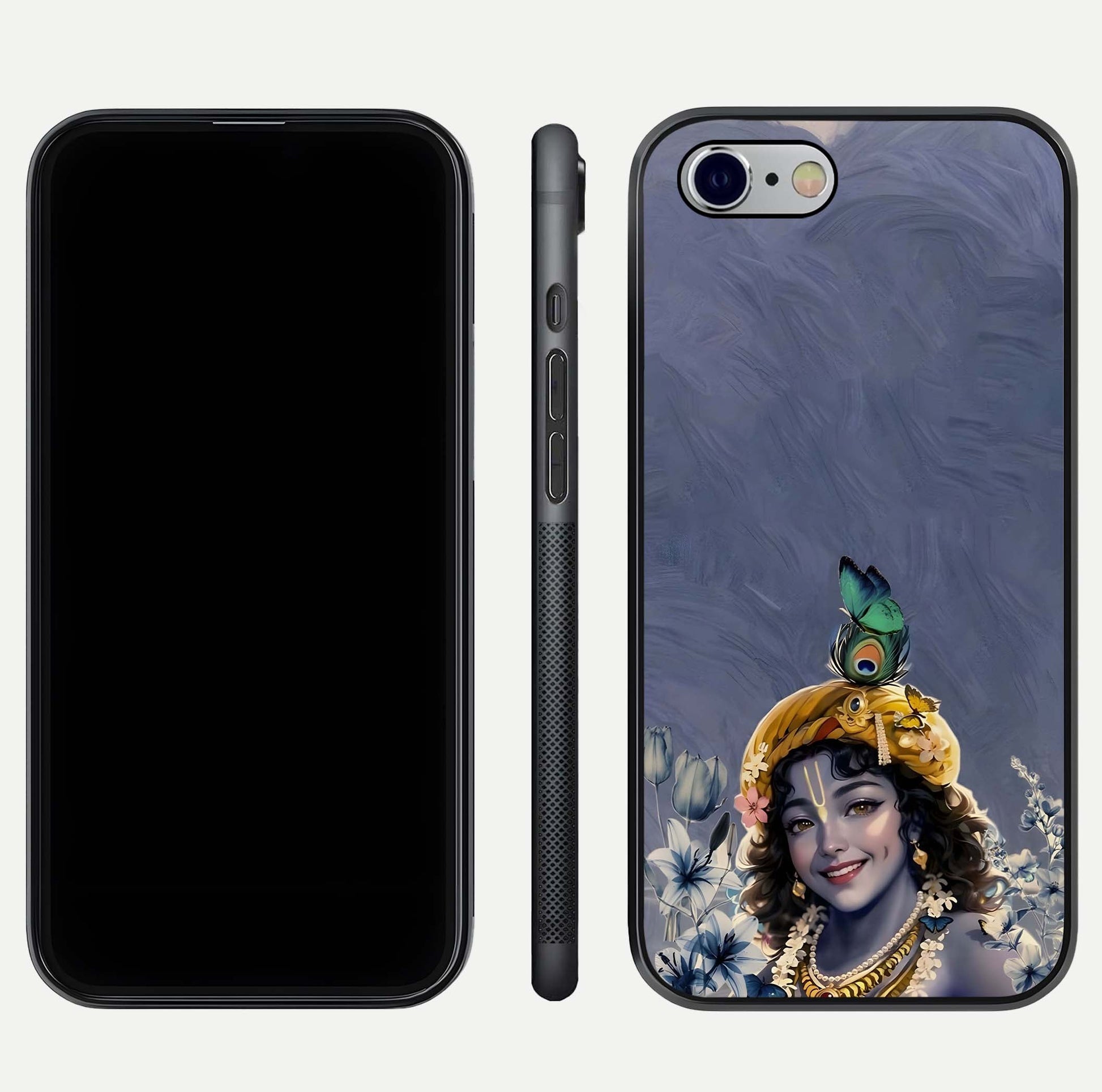 Lord Krishna Glass Case for iPhone 16 Pro front & back layout displaying soft tones and elegant edges