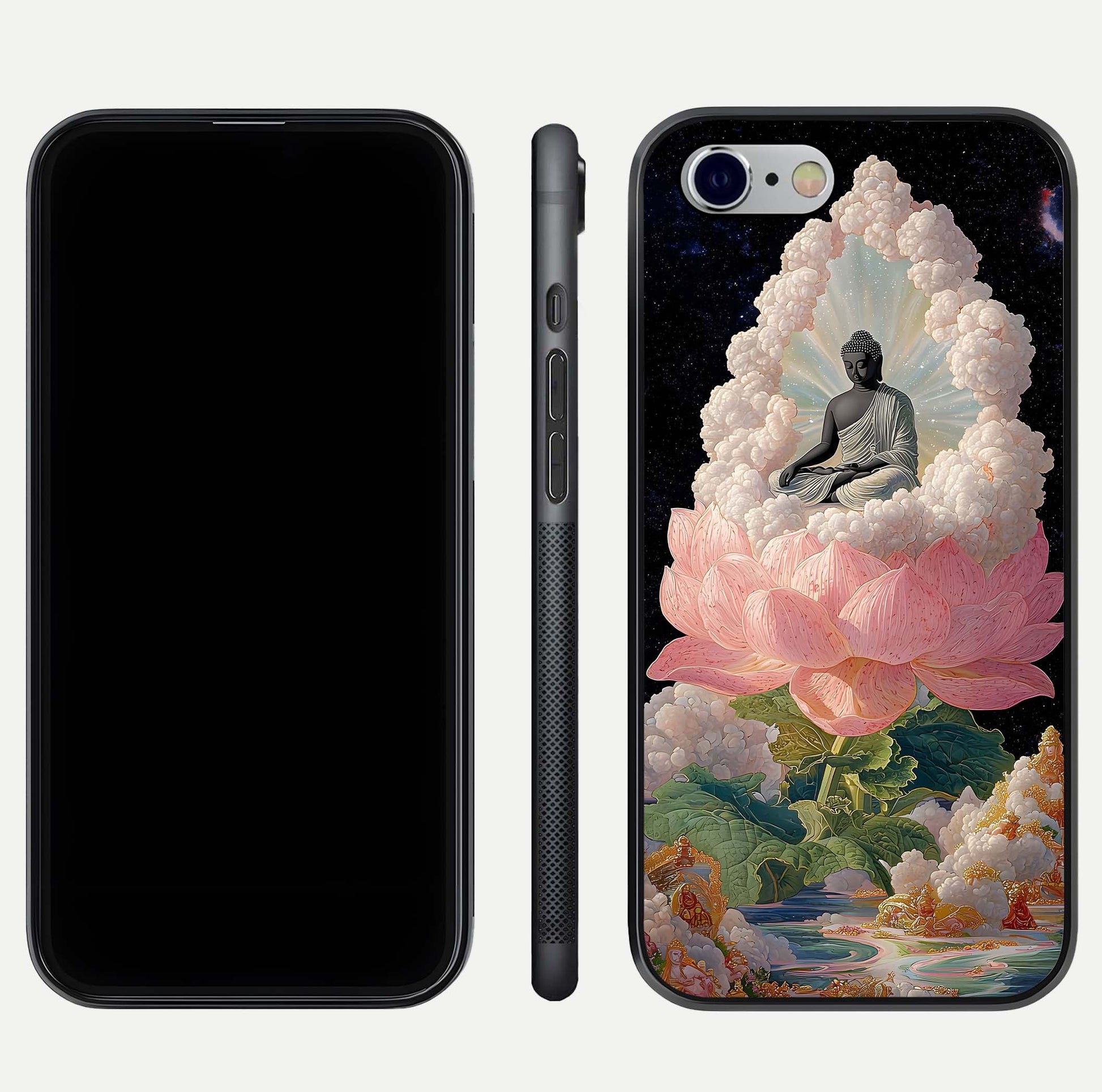 Lotus Divine Peace Glass Case for iPhone 16 Pro front & back layout highlighting soft pink hues and curved edges